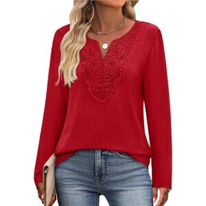 Boho V-Neck Blouse – Lace Detail Long Sleeve Tunic Top